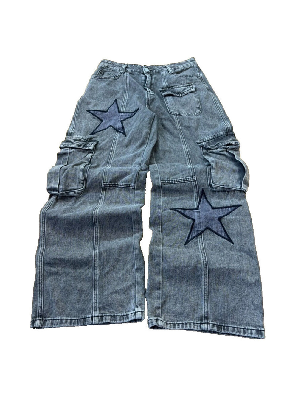 Y2K Acid Wash Star Patch Baggy Cargo Pants Womens L 30x28